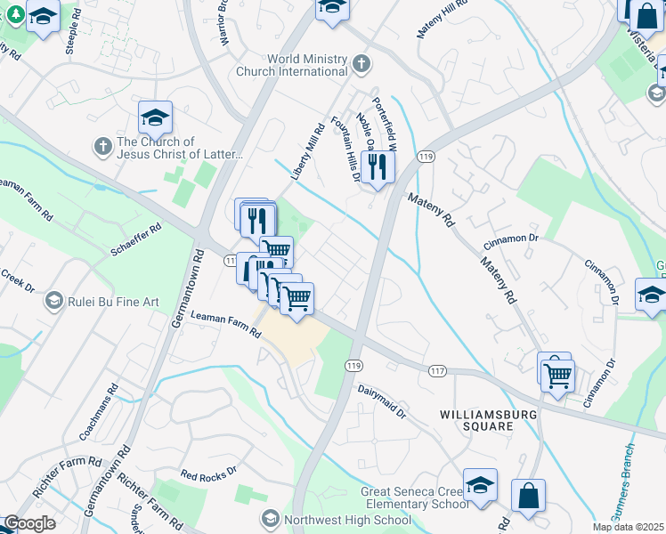 map of restaurants, bars, coffee shops, grocery stores, and more near 13417 Rising Sun Lane in Germantown
