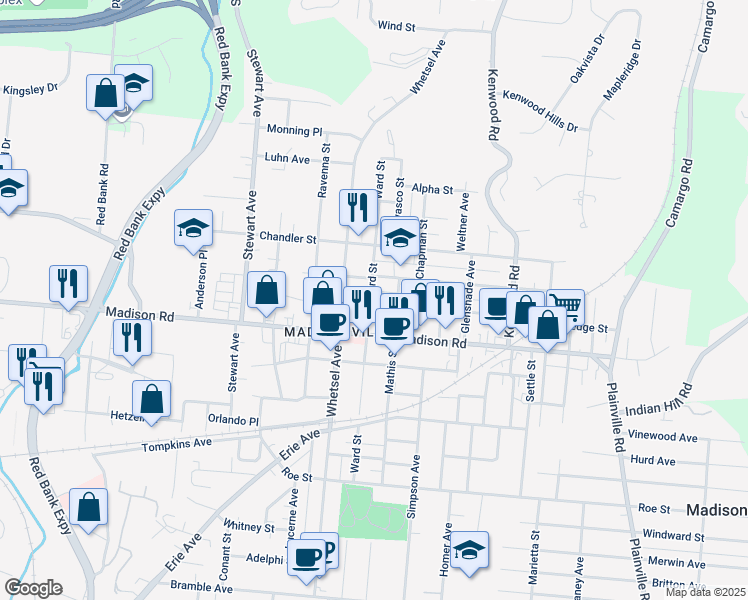 map of restaurants, bars, coffee shops, grocery stores, and more near 5112 Ward Street in Cincinnati