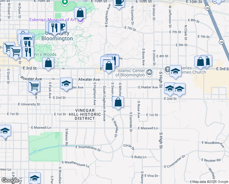 map of restaurants, bars, coffee shops, grocery stores, and more near 500 South Swain Avenue in Bloomington