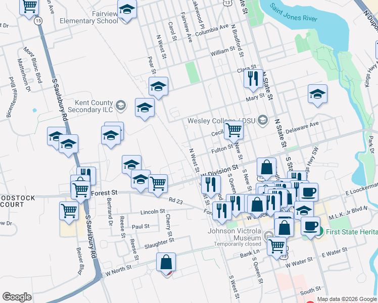 map of restaurants, bars, coffee shops, grocery stores, and more near 116 North West Street in Dover