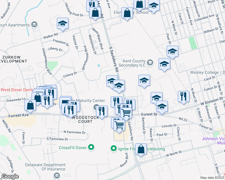 map of restaurants, bars, coffee shops, grocery stores, and more near 104 South Saulsbury Road in Dover