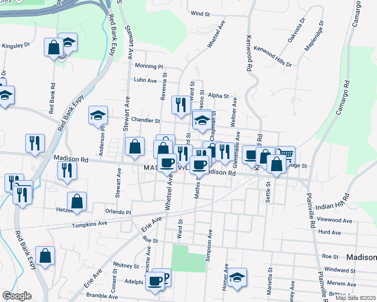 map of restaurants, bars, coffee shops, grocery stores, and more near 5112 Ward Street in Cincinnati