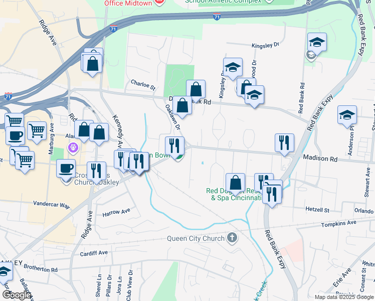 map of restaurants, bars, coffee shops, grocery stores, and more near in Cincinnati