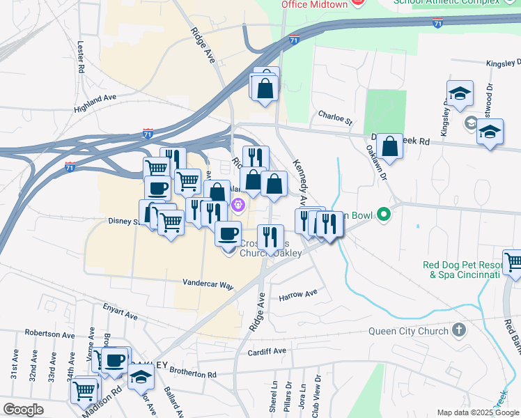 map of restaurants, bars, coffee shops, grocery stores, and more near 3401 Alamo Avenue in Cincinnati