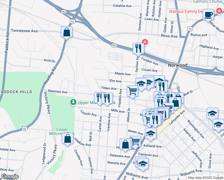 map of restaurants, bars, coffee shops, grocery stores, and more near 1844 Tilden Avenue in Cincinnati