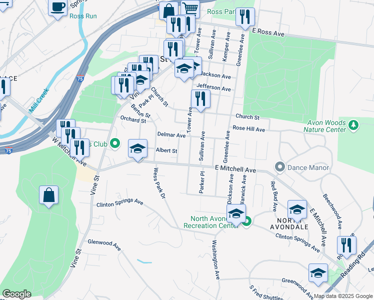 map of restaurants, bars, coffee shops, grocery stores, and more near 4226 Tower Avenue in Cincinnati