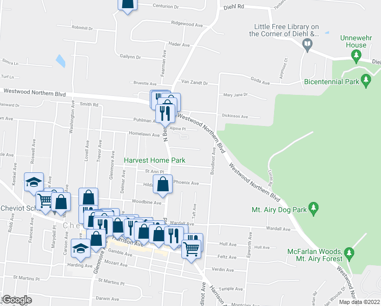 map of restaurants, bars, coffee shops, grocery stores, and more near 3325 Camvic Terrace in Cheviot
