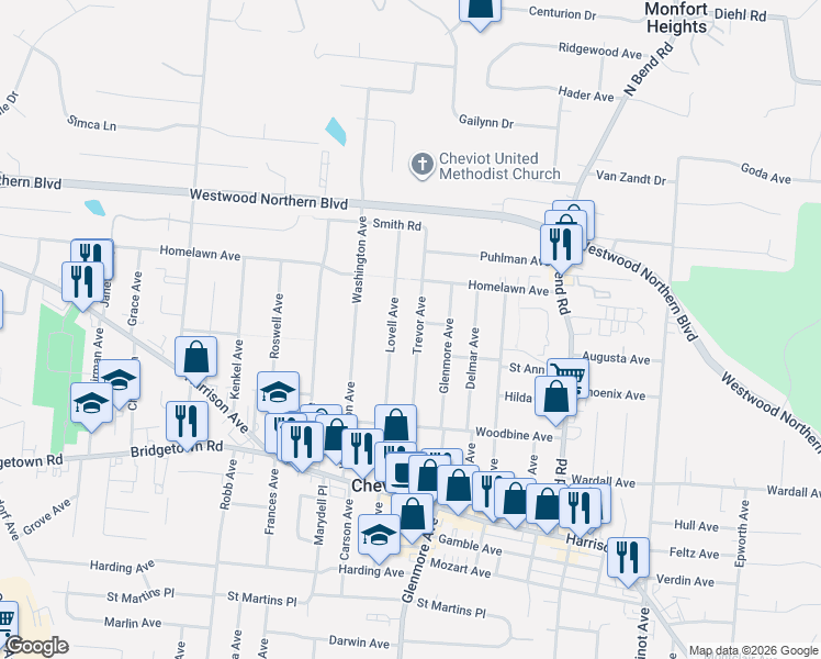 map of restaurants, bars, coffee shops, grocery stores, and more near 3963 Trevor Avenue in Cheviot