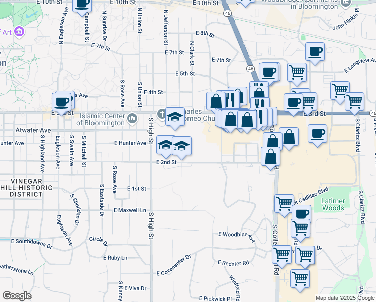 map of restaurants, bars, coffee shops, grocery stores, and more near 2305 East 2nd Street in Bloomington