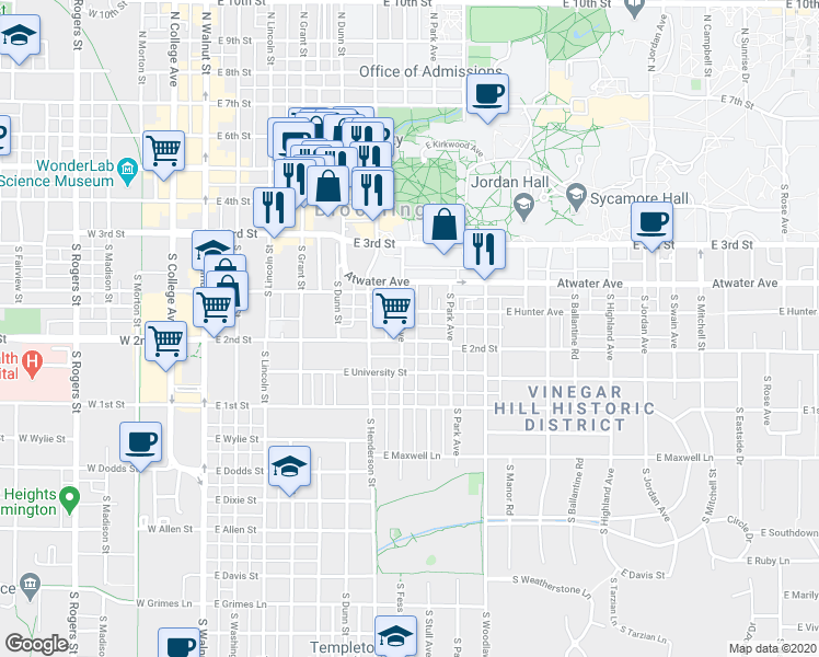 map of restaurants, bars, coffee shops, grocery stores, and more near 500 South Fess Avenue in Bloomington