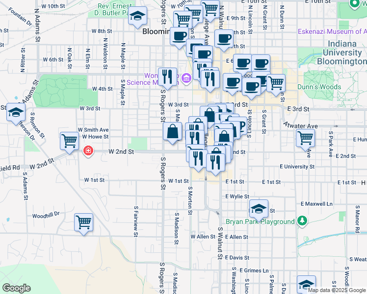 map of restaurants, bars, coffee shops, grocery stores, and more near 510 South Morton Street in Bloomington
