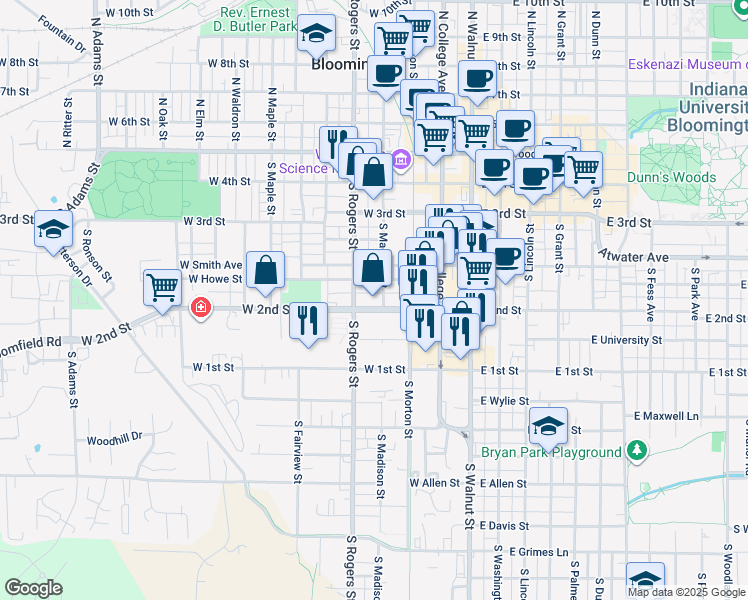 map of restaurants, bars, coffee shops, grocery stores, and more near 411 West Howe Street in Bloomington