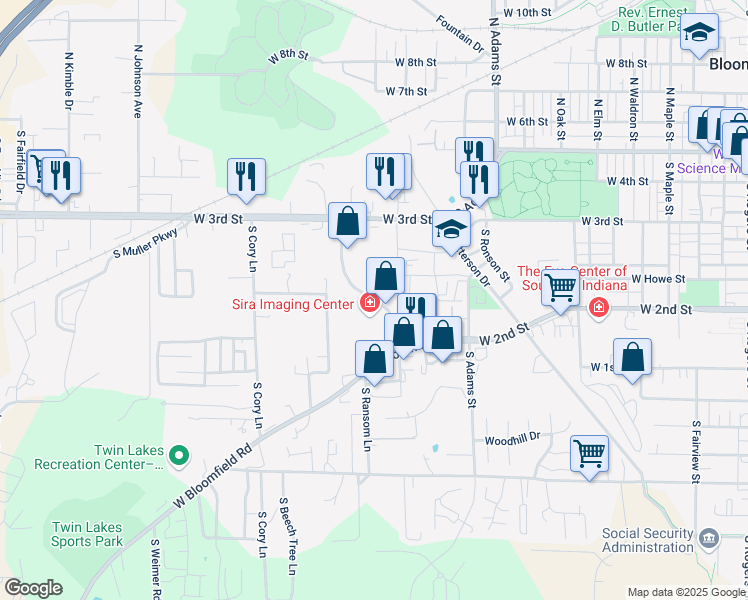 map of restaurants, bars, coffee shops, grocery stores, and more near 455 South Landmark Avenue in Bloomington