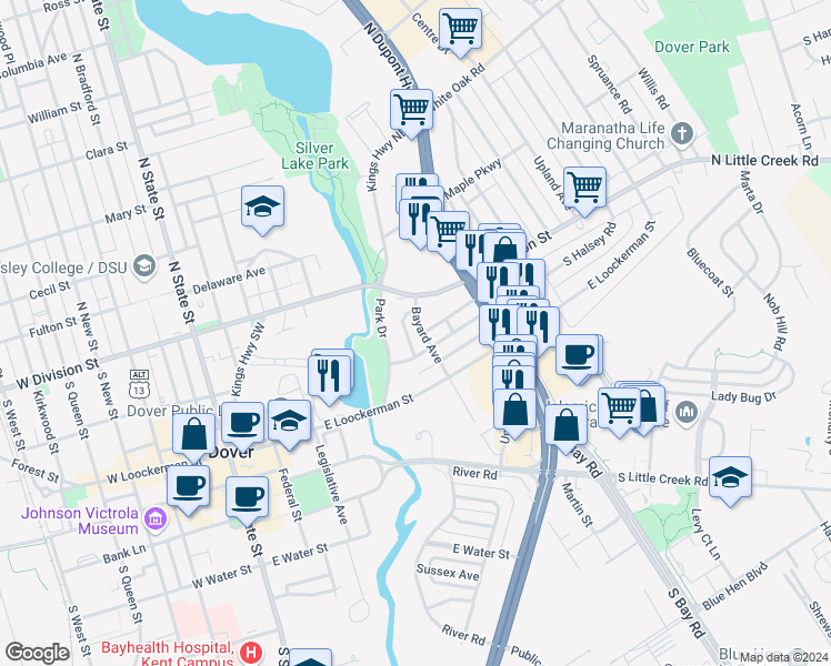 map of restaurants, bars, coffee shops, grocery stores, and more near 30 Bayard Avenue in Dover