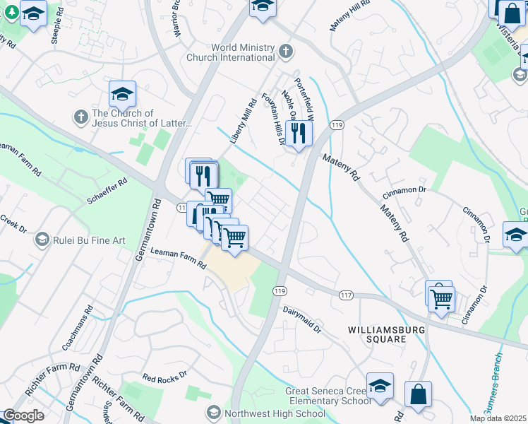 map of restaurants, bars, coffee shops, grocery stores, and more near 13417 Rising Sun Lane in Germantown