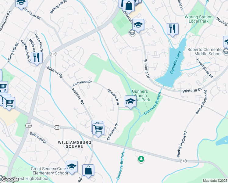 map of restaurants, bars, coffee shops, grocery stores, and more near 18645 Nutmeg Place in Germantown