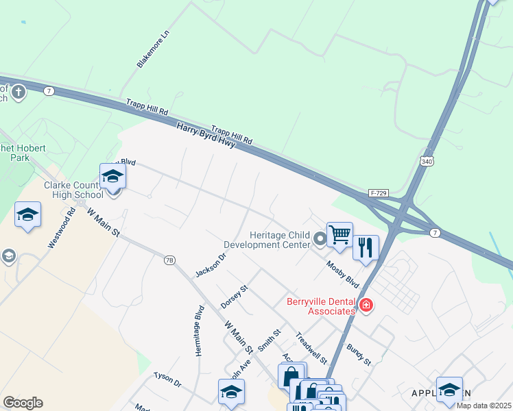 map of restaurants, bars, coffee shops, grocery stores, and more near 206 Jack Enders Boulevard in Berryville