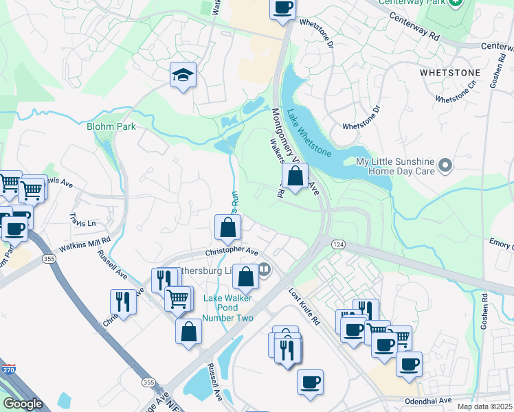 map of restaurants, bars, coffee shops, grocery stores, and more near 18726 Walkers Choice Road in Montgomery Village