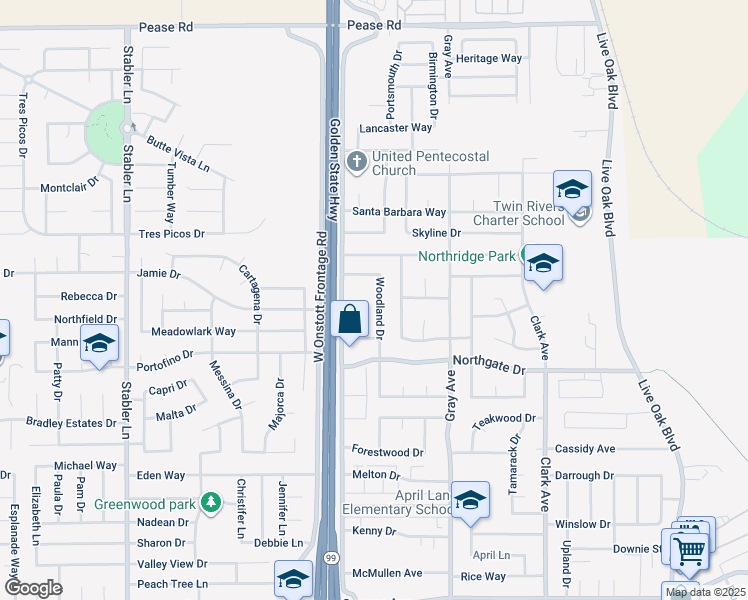 map of restaurants, bars, coffee shops, grocery stores, and more near 1916 Woodland Drive in Yuba City