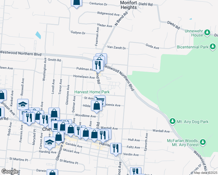 map of restaurants, bars, coffee shops, grocery stores, and more near 3325 Camvic Terrace in Cheviot