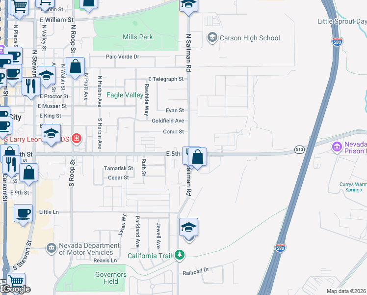 map of restaurants, bars, coffee shops, grocery stores, and more near 400 South Saliman Road in Carson City