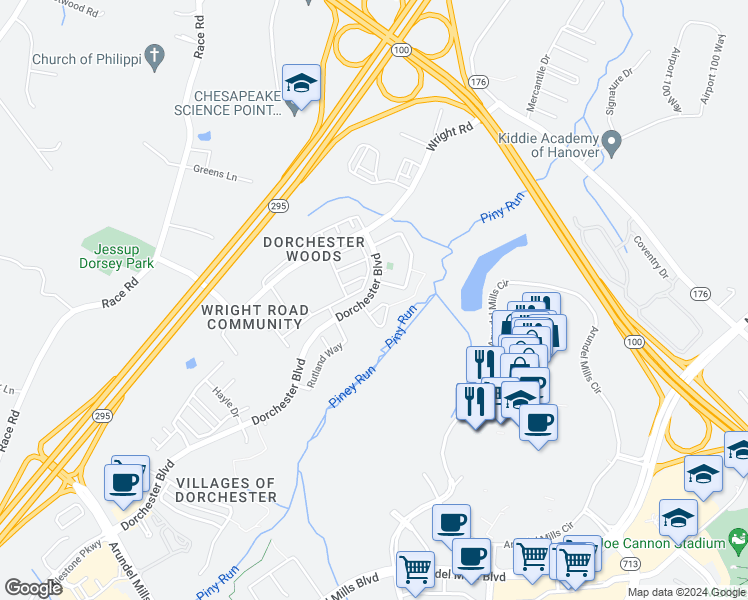 map of restaurants, bars, coffee shops, grocery stores, and more near 1570 Penzance Way in Hanover
