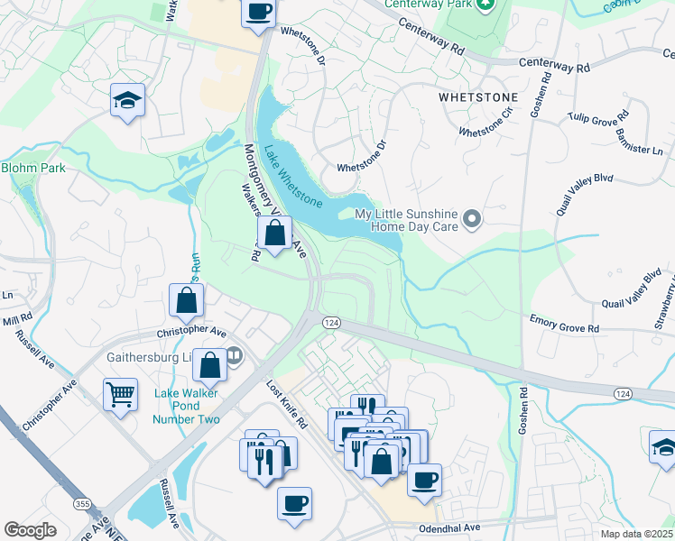 map of restaurants, bars, coffee shops, grocery stores, and more near 9873 Lake Shore Drive in Gaithersburg