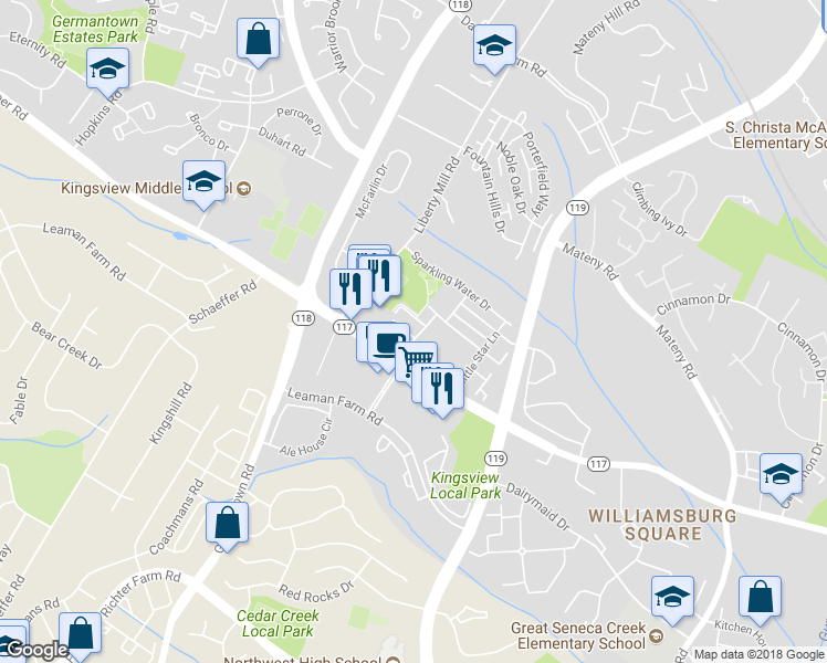 map of restaurants, bars, coffee shops, grocery stores, and more near 13505 Hamlet Square Court in Germantown