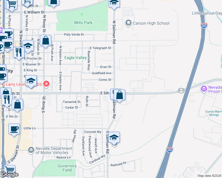 map of restaurants, bars, coffee shops, grocery stores, and more near 408 South Saliman Road in Carson City
