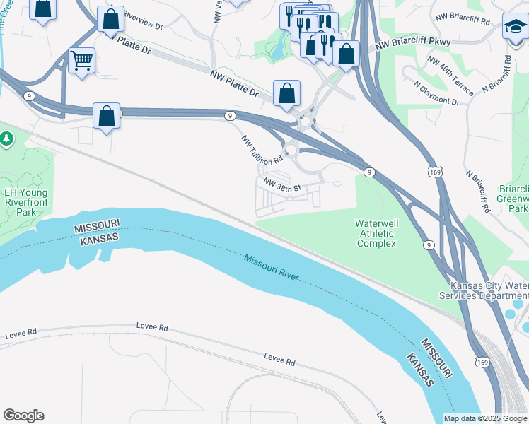 map of restaurants, bars, coffee shops, grocery stores, and more near 1851 Northwest 38th Street in Kansas City