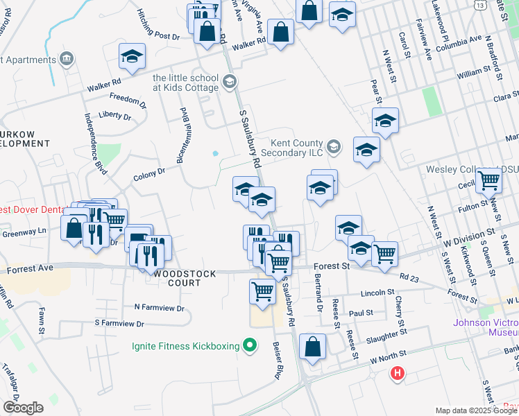 map of restaurants, bars, coffee shops, grocery stores, and more near 104 Saulsbury Road in Dover