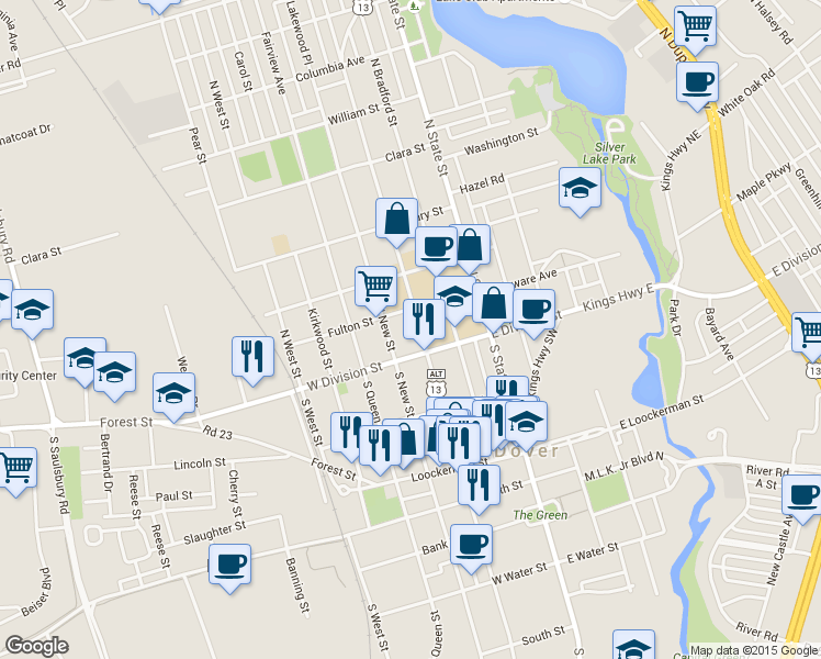 map of restaurants, bars, coffee shops, grocery stores, and more near 31 North New Street in Dover