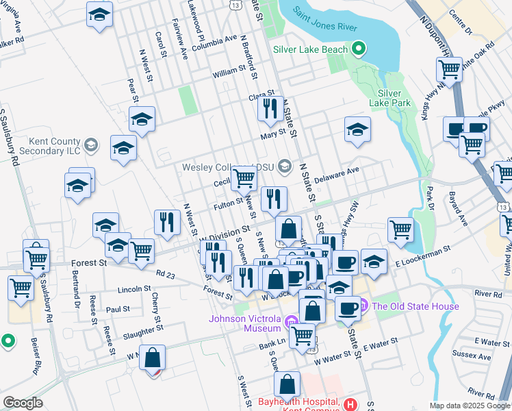 map of restaurants, bars, coffee shops, grocery stores, and more near 31 North New Street in Dover
