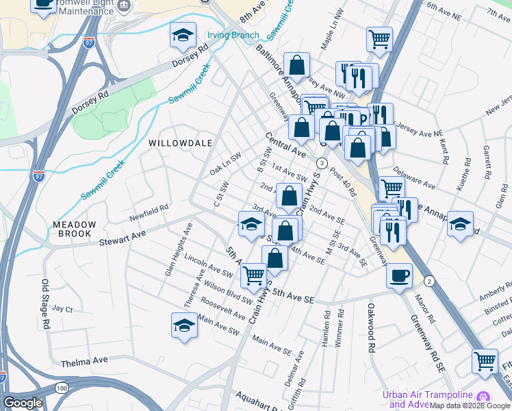 map of restaurants, bars, coffee shops, grocery stores, and more near in Glen Burnie