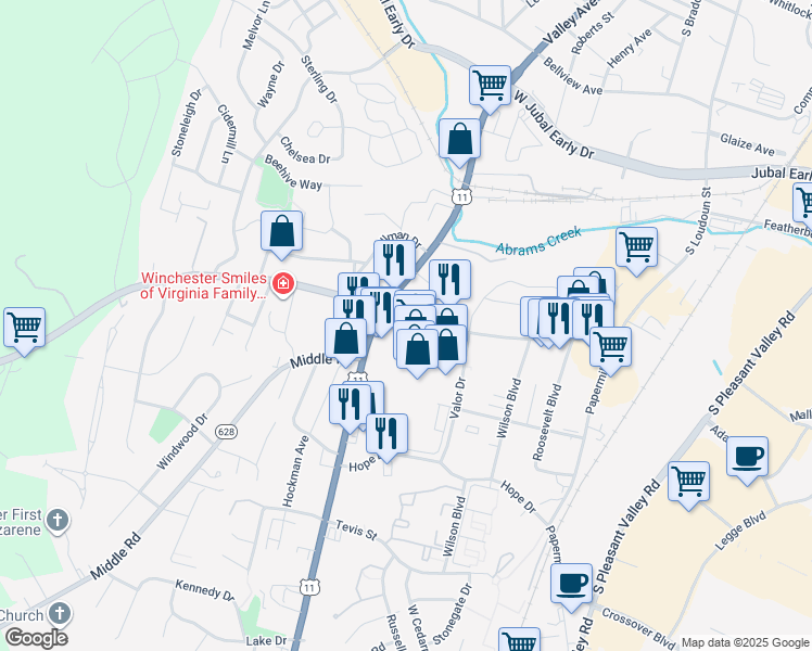 map of restaurants, bars, coffee shops, grocery stores, and more near 206 Monteith Drive in Winchester