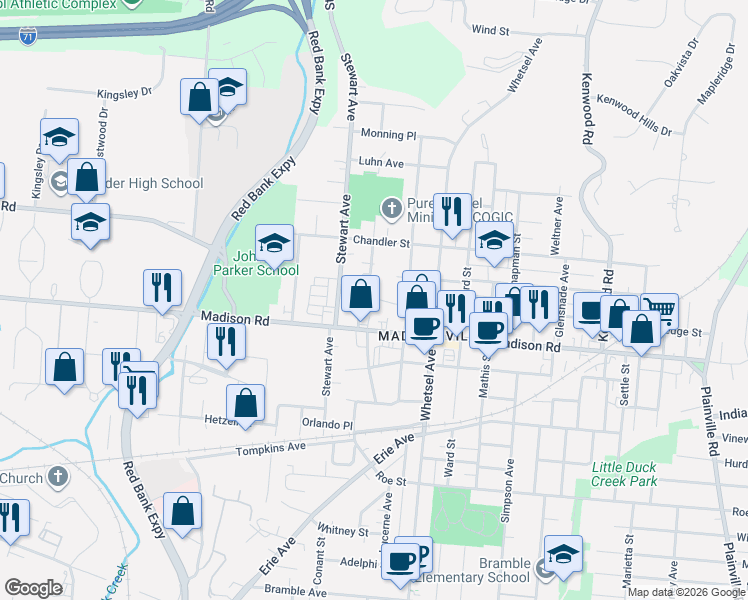 map of restaurants, bars, coffee shops, grocery stores, and more near 5102 Ebersole Avenue in Cincinnati