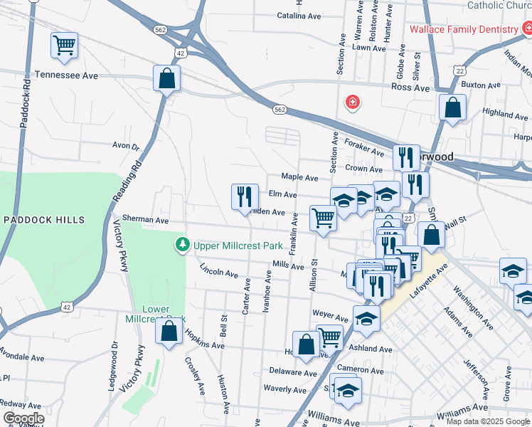 map of restaurants, bars, coffee shops, grocery stores, and more near 1844 Tilden Avenue in Cincinnati
