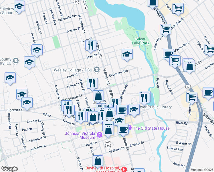 map of restaurants, bars, coffee shops, grocery stores, and more near 16 North State Street in Dover