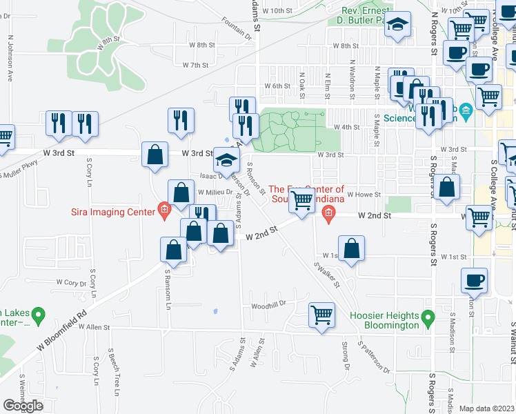 map of restaurants, bars, coffee shops, grocery stores, and more near 545 South Adams Street in Bloomington