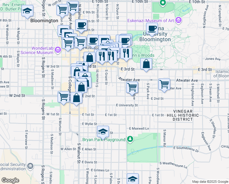 map of restaurants, bars, coffee shops, grocery stores, and more near 430 South Dunn Street in Bloomington