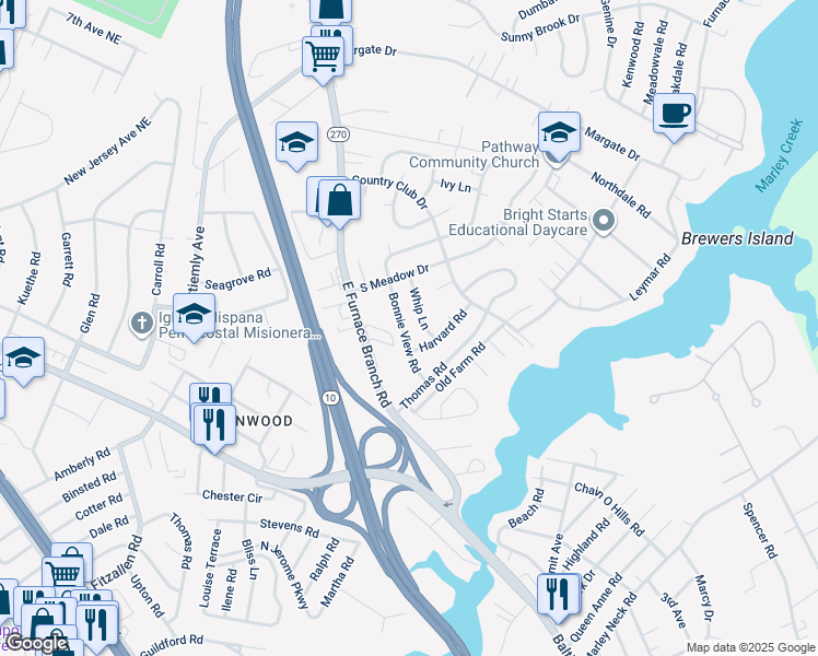 map of restaurants, bars, coffee shops, grocery stores, and more near 115 Bonnie View Road in Glen Burnie