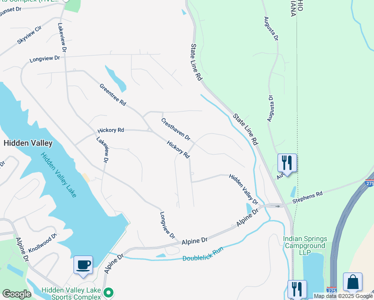 map of restaurants, bars, coffee shops, grocery stores, and more near 580 Hickory Rd in Lawrenceburg