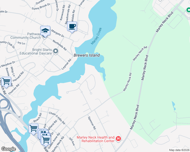 map of restaurants, bars, coffee shops, grocery stores, and more near 256 Saltgrass Drive in Glen Burnie