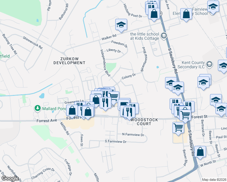 map of restaurants, bars, coffee shops, grocery stores, and more near 210 Green Blade Drive in Dover