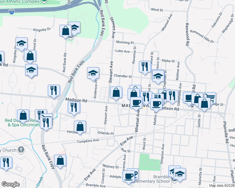 map of restaurants, bars, coffee shops, grocery stores, and more near 5022 Ebersole Avenue in Cincinnati