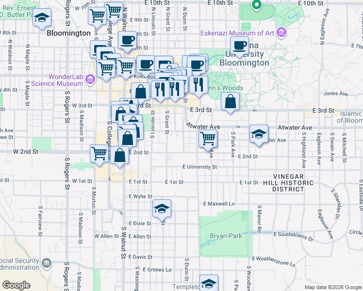 map of restaurants, bars, coffee shops, grocery stores, and more near 430 South Dunn Street in Bloomington