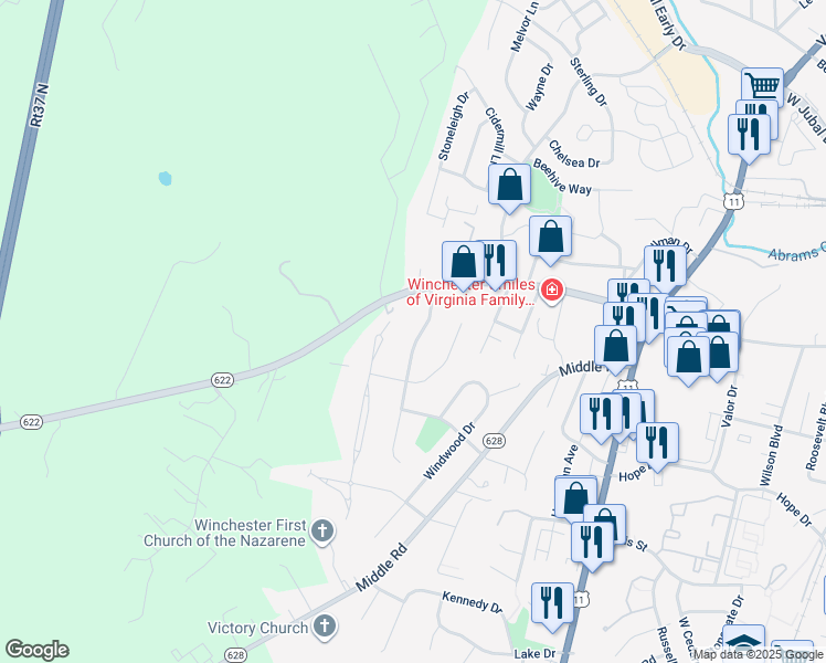 map of restaurants, bars, coffee shops, grocery stores, and more near 2321 Stoneridge Road in Winchester