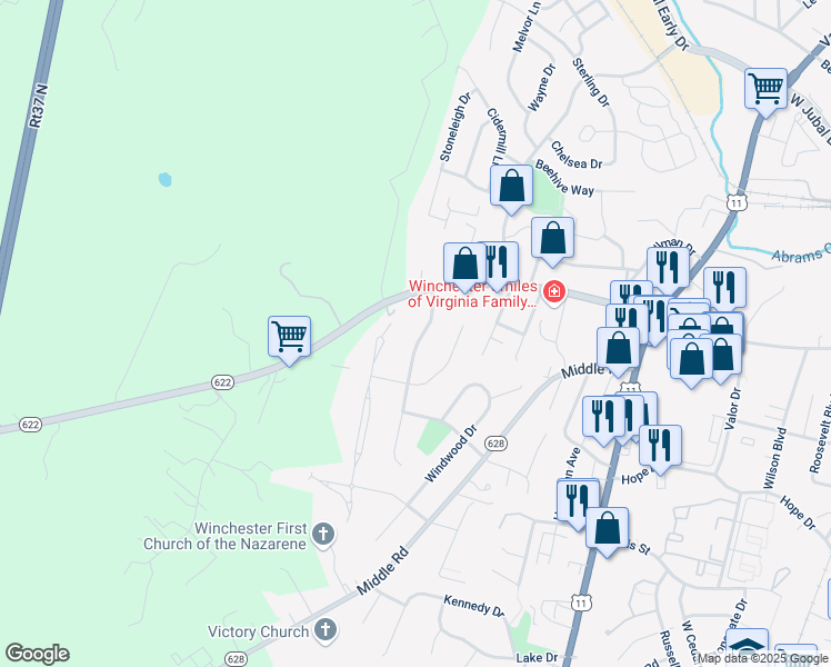 map of restaurants, bars, coffee shops, grocery stores, and more near 2321 Stoneridge Road in Winchester