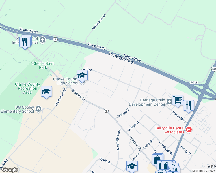map of restaurants, bars, coffee shops, grocery stores, and more near 608 Pender Court in Berryville
