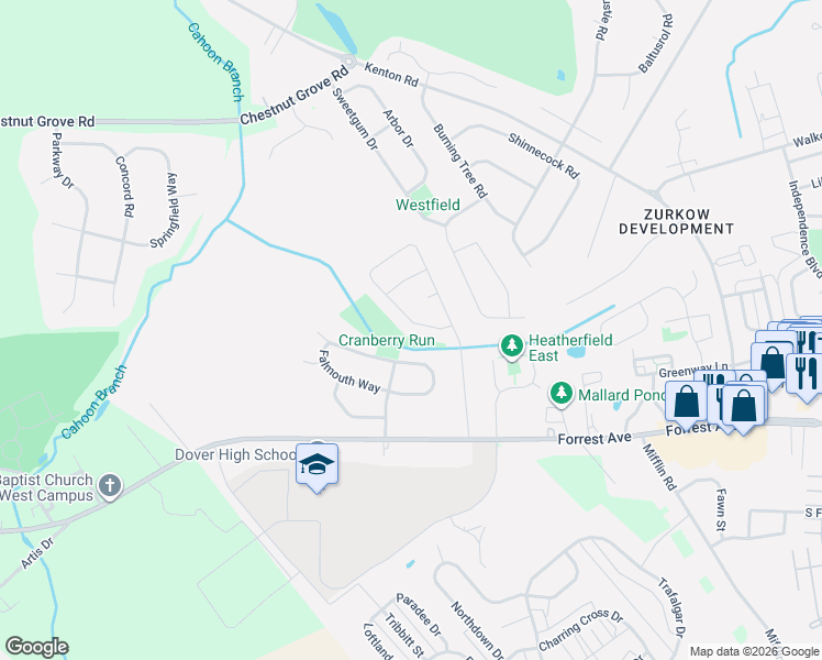 map of restaurants, bars, coffee shops, grocery stores, and more near 158 Stoney Drive in Dover